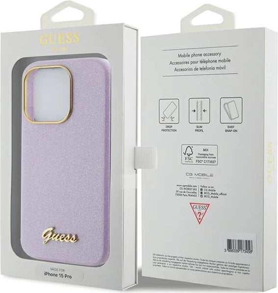 Mbështjellës Guess Glitter Glossy Script për iPhone 15 Pro, vjollcë Mbështjellës Guess Glitter Glossy Script për iPhone 15 Pro, vjollcë
