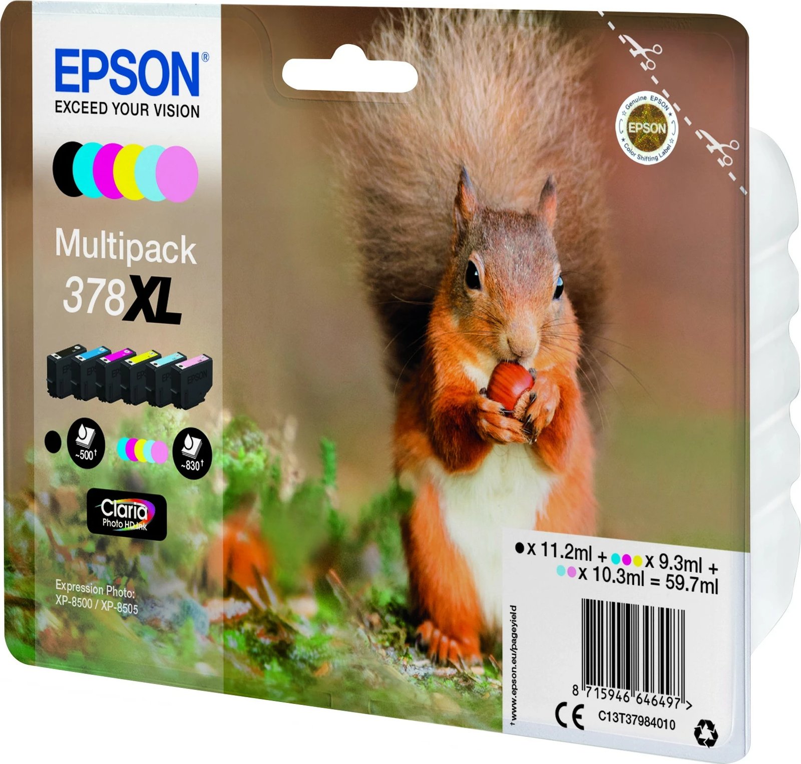 Multipak bojë Epson Squirrel 378XL Claria Photo HD, 6 ngjyra, High (XL) Yield, për printer Epson, e zezë, cyan, magenta, e verdhë