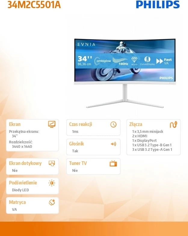 Monitor Philips 34M2C5501A, 34 inç, VA, 180Hz, WQHD, i bardhë