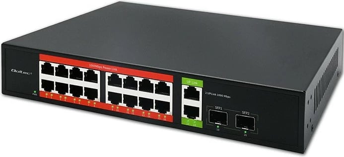 Switch PoE gigabit, Qoltec 52292, 16x RJ45 PoE 10/100, 2x RJ45 uplink 1000 Mbps, 2x SFP 1000 Mbps, unmanaged