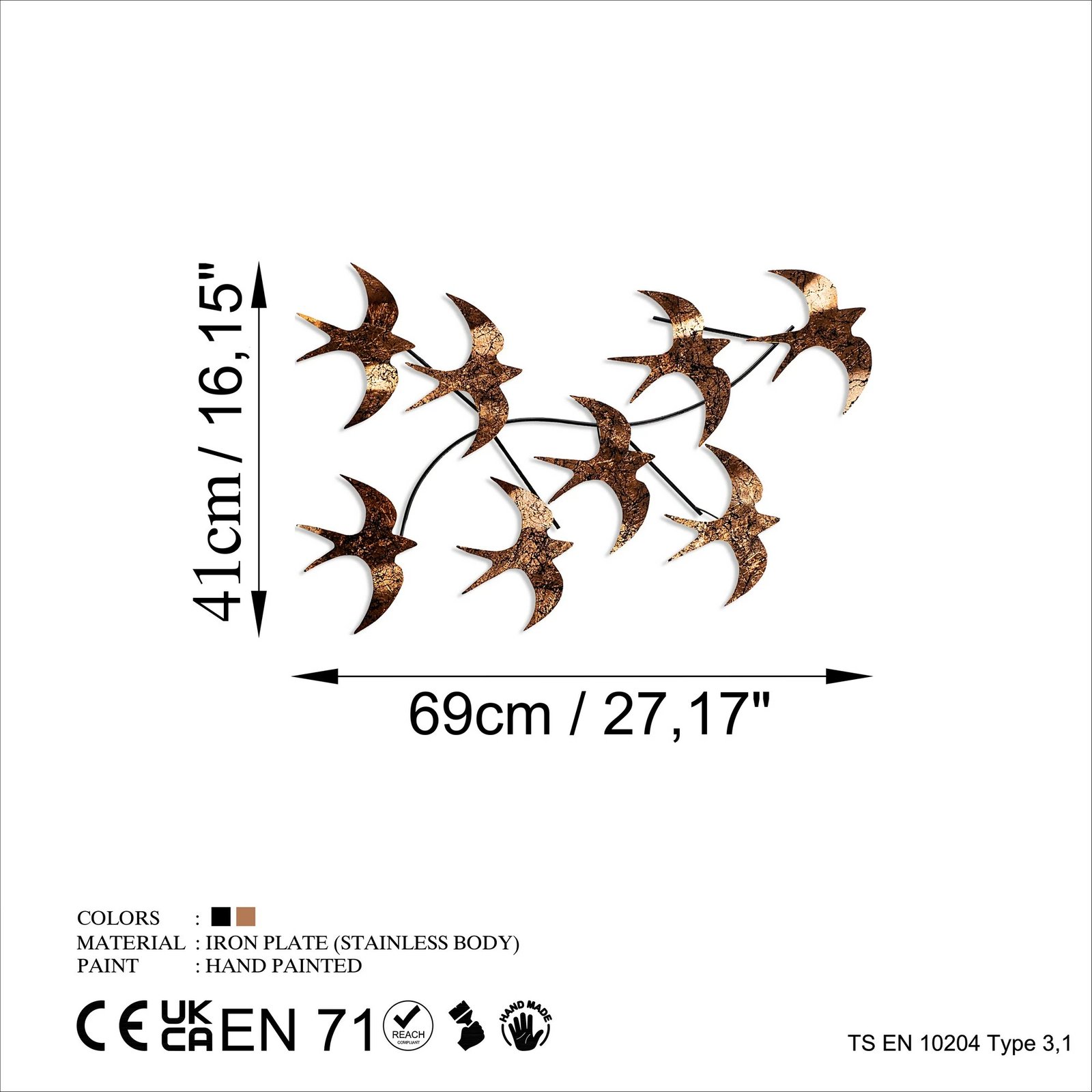Aksesor muri dekorativ metalik, zogj fluturues, shumëngjyrësh, Wallity, 69x41x7cm