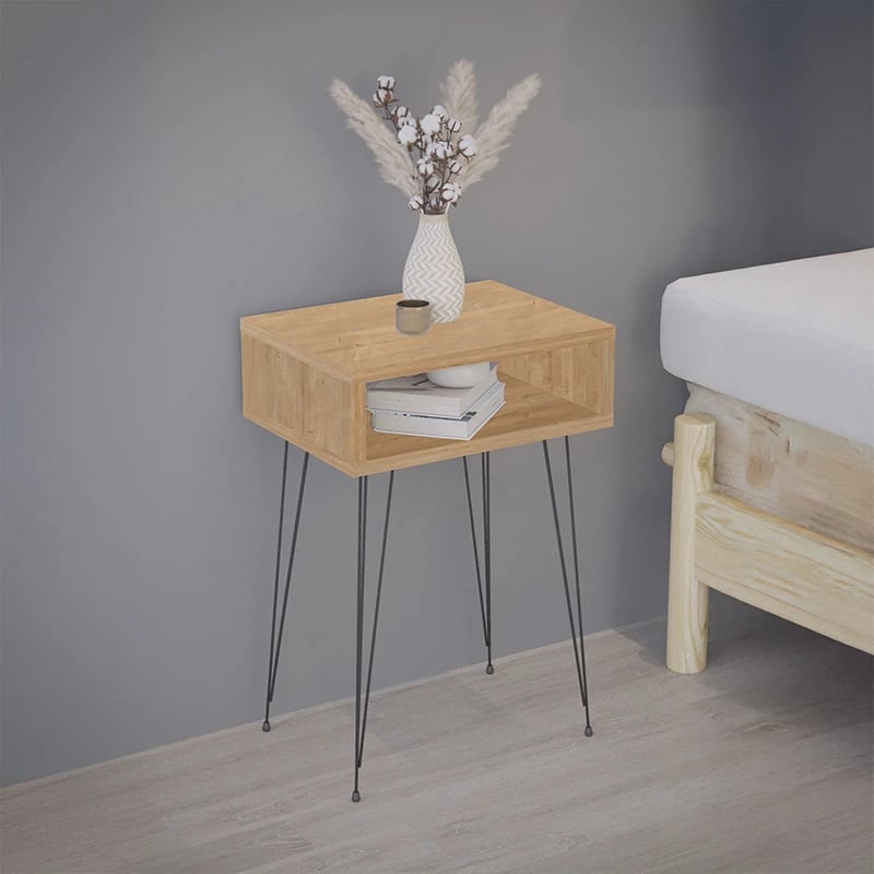 Komodinë Naida, ngjyrë lisi, këmbë metalike të zeza, 40x30x59cm