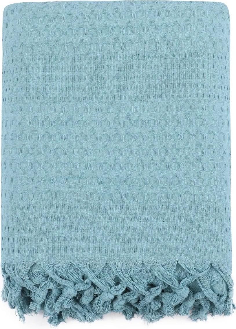 Çarçaf dopio, pambuk, ngjyrë petrol, me thekë dore, 220x240cm