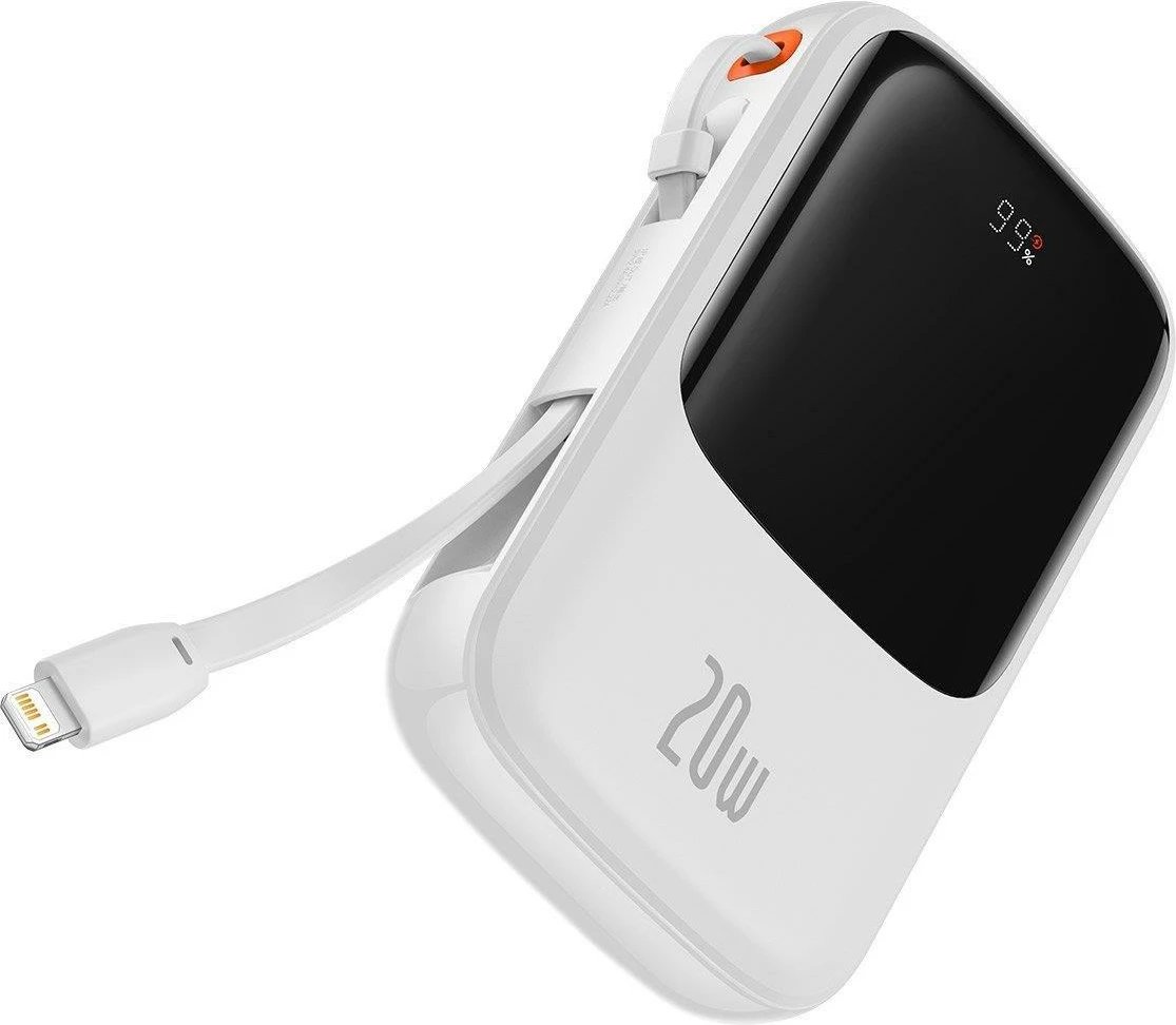 Power bank Baseus Qpow, 10000mAh, 20W, me kabllo Lightning të integruar, Bardhë