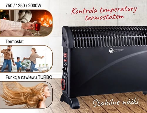 Ngrohës konvektor, Adler, MS 7741, 2000W, 3 nivele, termostat dhe timer 24h, Turbo fan, i zi