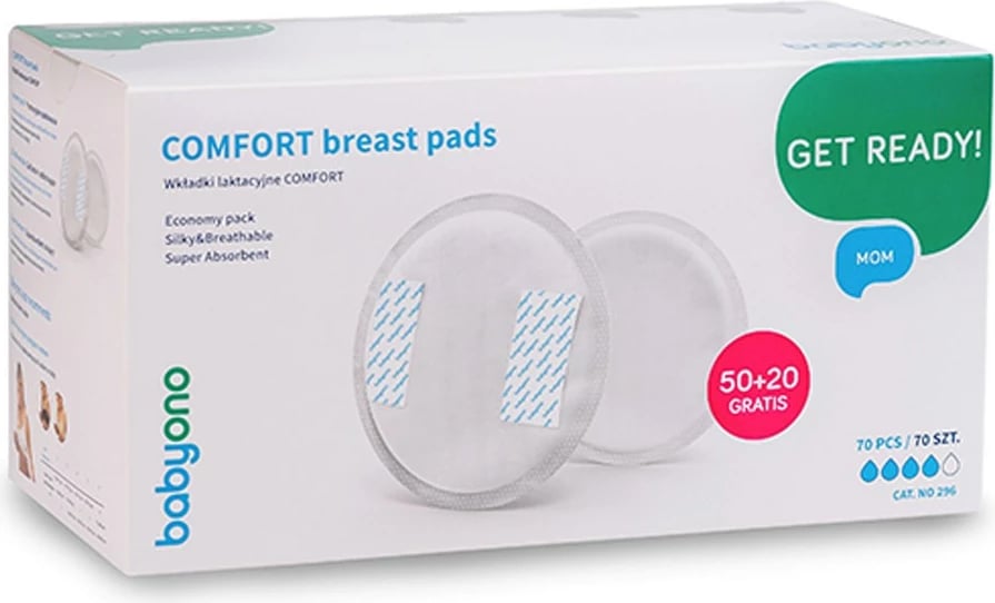 Jastëkë gjiri, Baby Ono, COMFORT, 70 copë, ultra të hollë me ngjitëse, Ø11 cm, e bardhë, set 50+20 gratis