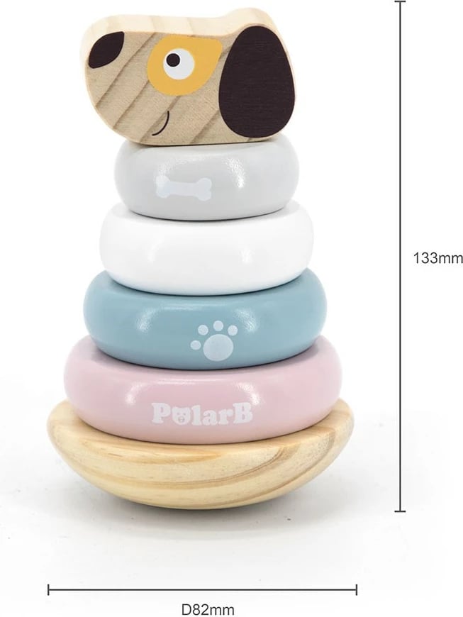 Lodër piramidë grumbulluese prej druri, Viga, Dog, 6 pjesë, 24M+, multingjyrë