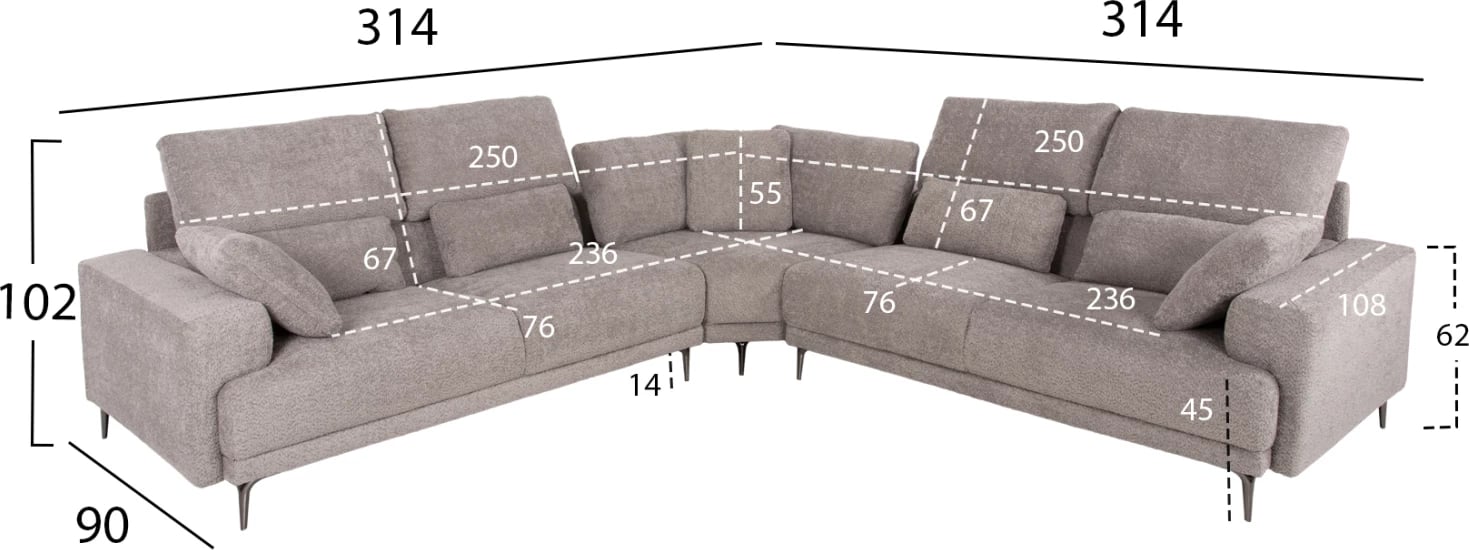 Divan qoshe SYMMET FH3269.01, pëlhurë gri e çelur, këmbë antracit me shkëlqim, 314x236x90-102H cm