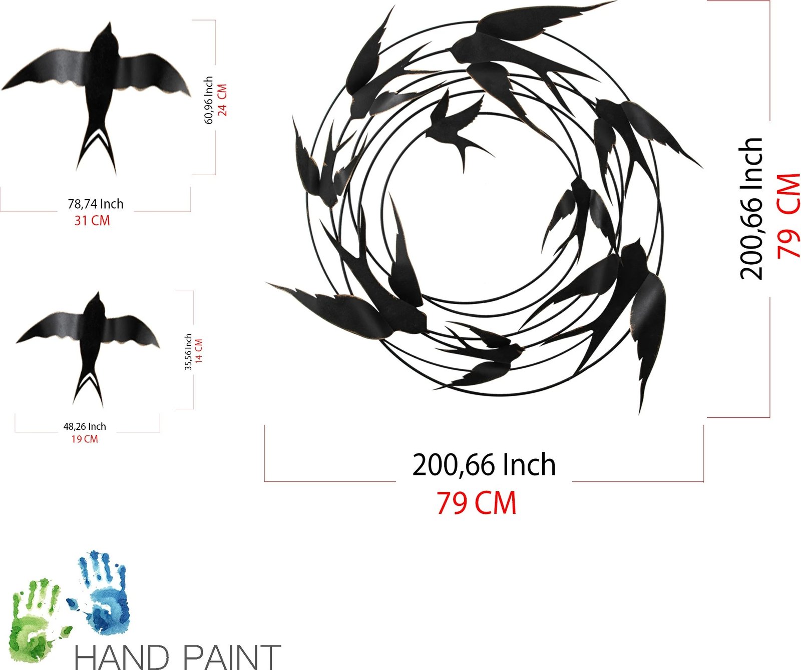 Aksesor dekorativ metalik për mur, Wallity, Migration - 2, shumëngjyrësh, set prej 6 copësh