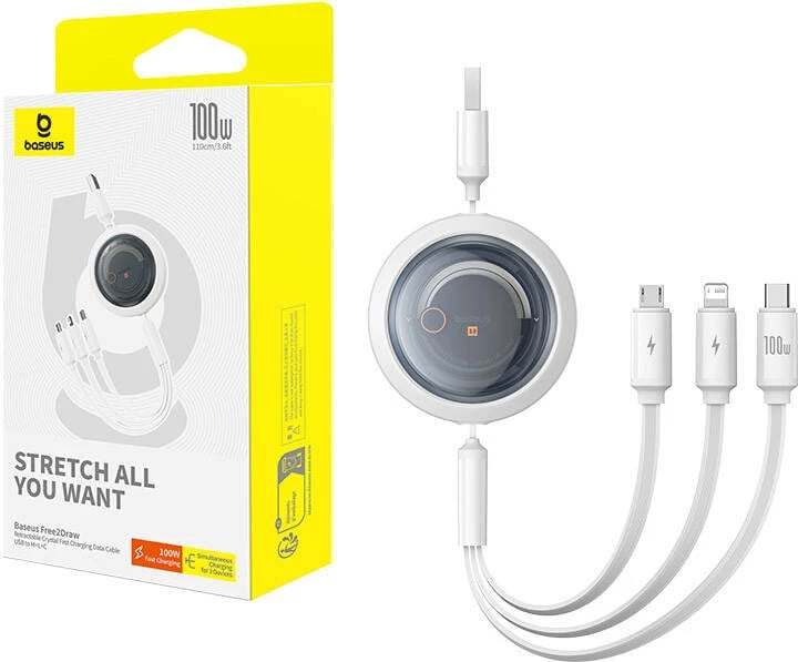 Kabllo 3-në-1 Baseus Free2Draw, 1.1m, 100W, USB në Micro+Lightning+USB-C, e bardhë Kabllo 3-në-1 Baseus Free2Draw, 1.1m, 100W, USB në Micro+Lightning+USB-C, e bardhë