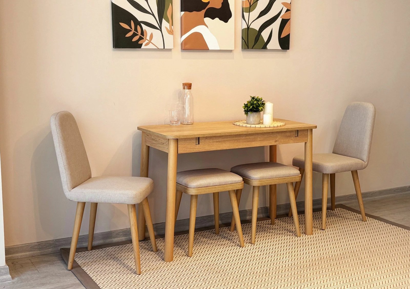 Set tavoline me karrige për ngrënie, zgjatës, 6 pjesë, Skye Decor, Vina Mini 03 1005, ngjyrë lis dhe krem