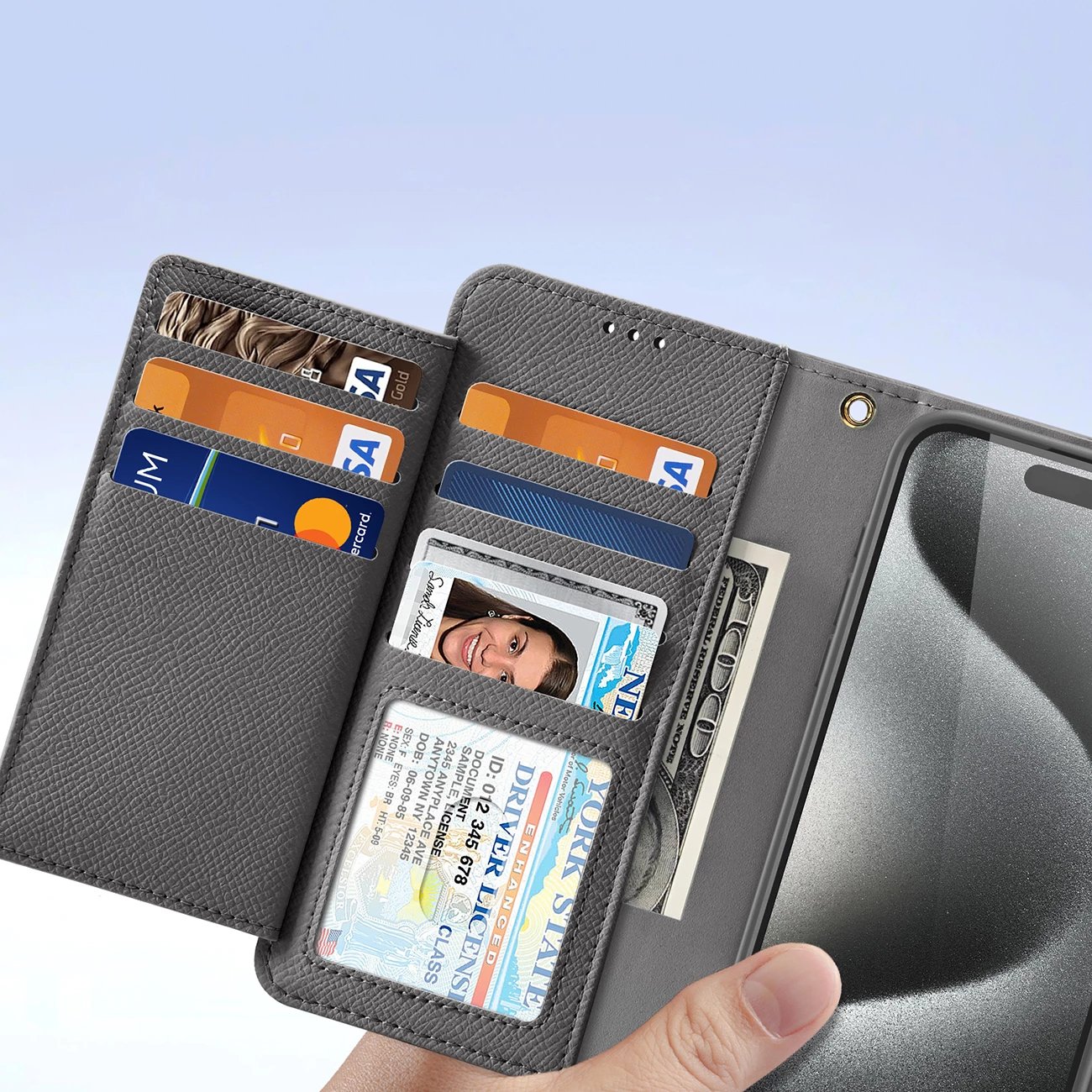 Mbështjellës Dux Ducis Lawa për iPhone 15 Pro Max, lëkurë, me portofol magnetik, Gri