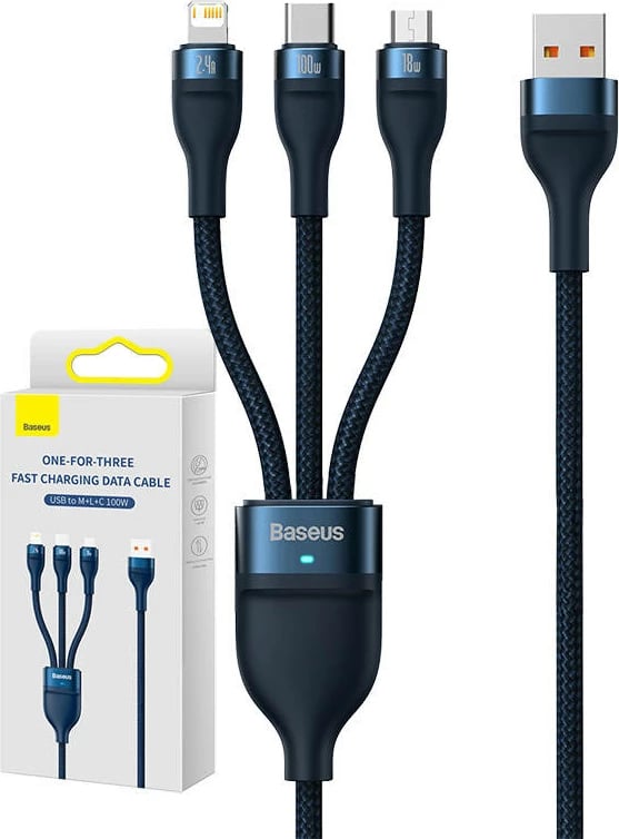 Kabllo 3-në-1 Baseus Flash Series, 1.2m, 100W, USB-C + micro USB + Lightning, Blu Kabllo 3-në-1 Baseus Flash Series, 1.2m, 100W, USB-C + micro USB + Lightning, Blu