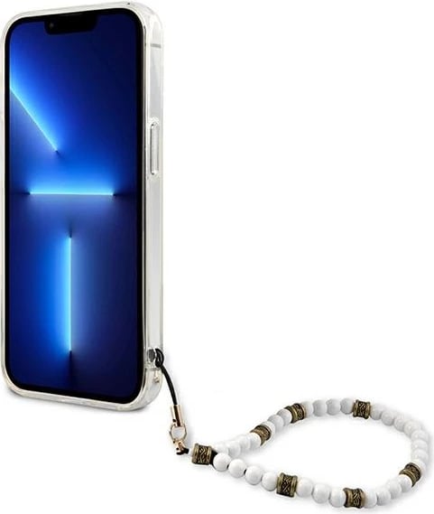 Mbështjellës Guess GUHCP13SKPSWH për iPhone 13 mini 5.4", transparent, me varëse perlë