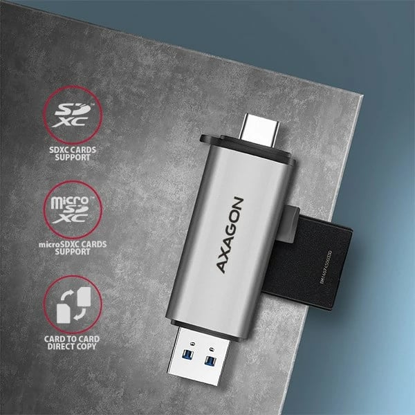 Lexues kartelash AXAGON CRE-SAC, USB 3.2 Gen 1, Type-C + Type-A, Gri