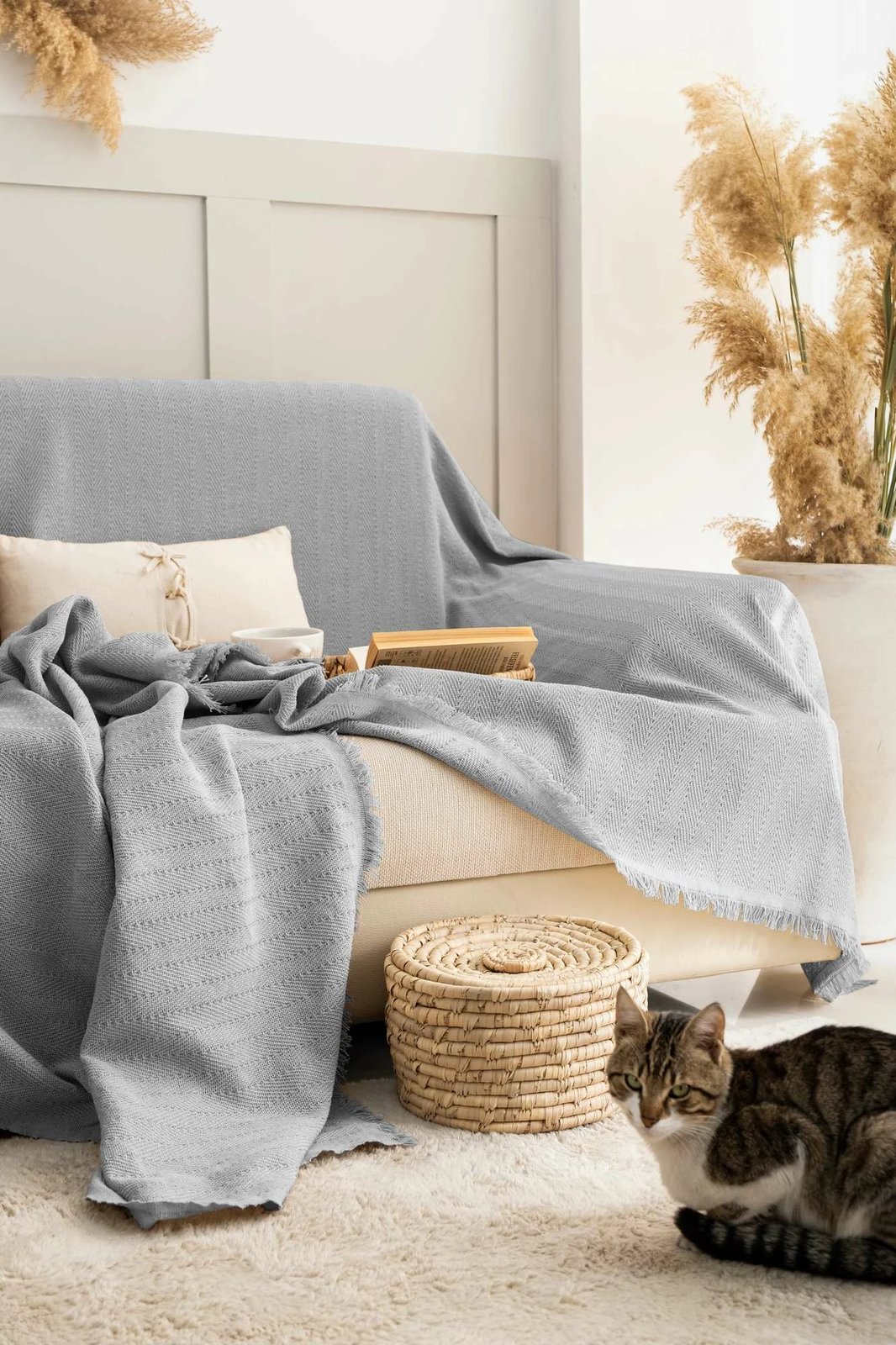 Mbulesë divani L'essentiel, gri e çelët, 180x300cm