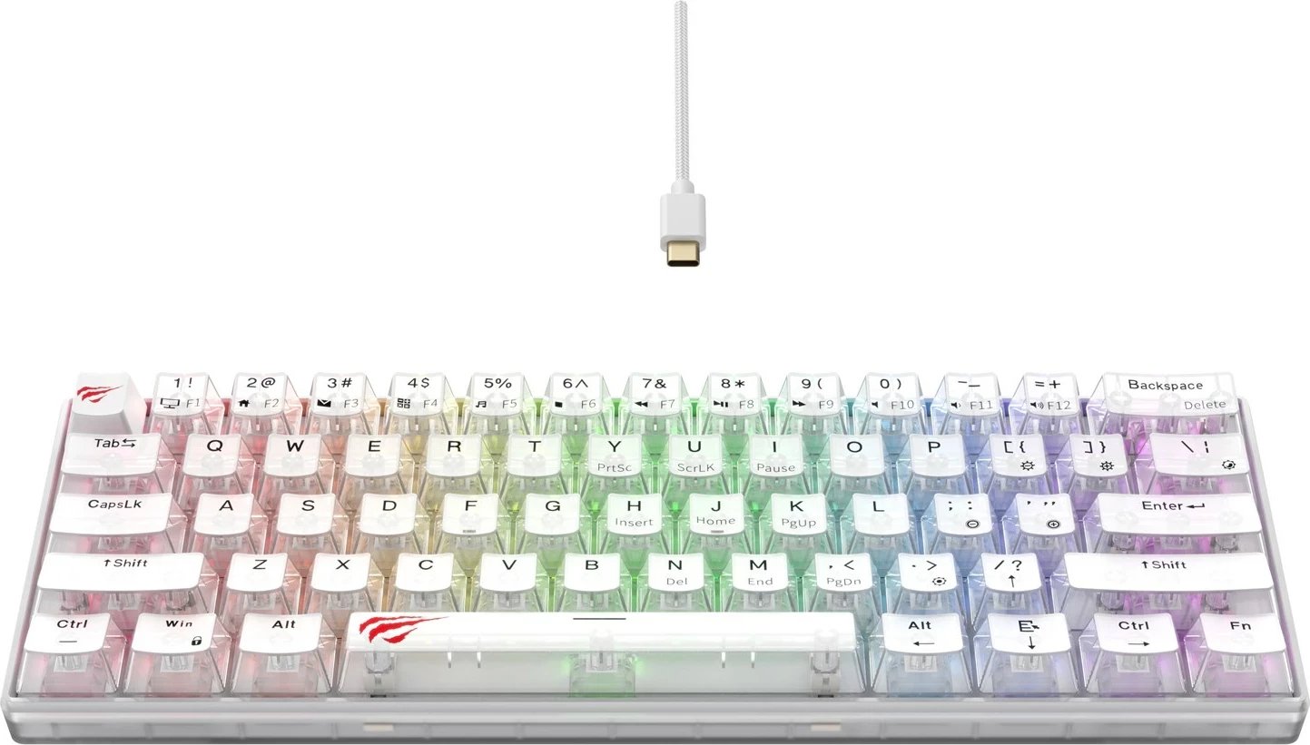 Tastierë gaming HAVIT KB903L, 61 tasta, RGB LED, me kabllo, e bardhë transparente