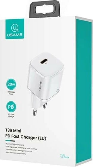 Karikues rrjeti USAMS T36 20W me kabllo USB-C në Lightning, Bardhë