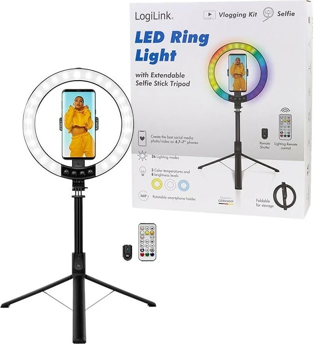 Dritë unazore LED LogiLink AA0156 me tripod, mbajtës për celular, 1500 lm, 17.8 cm, e zezë