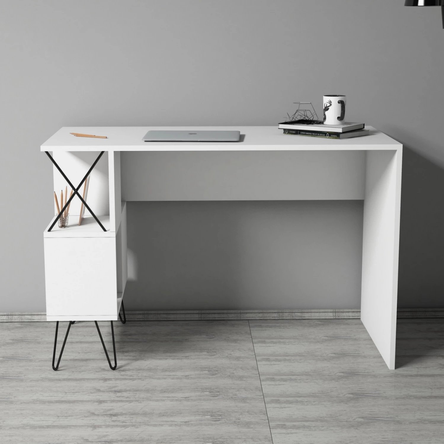 Tavolinë studimi FH9509.03 melaminë e bardhë me rafte 120x60x78.8Hcm