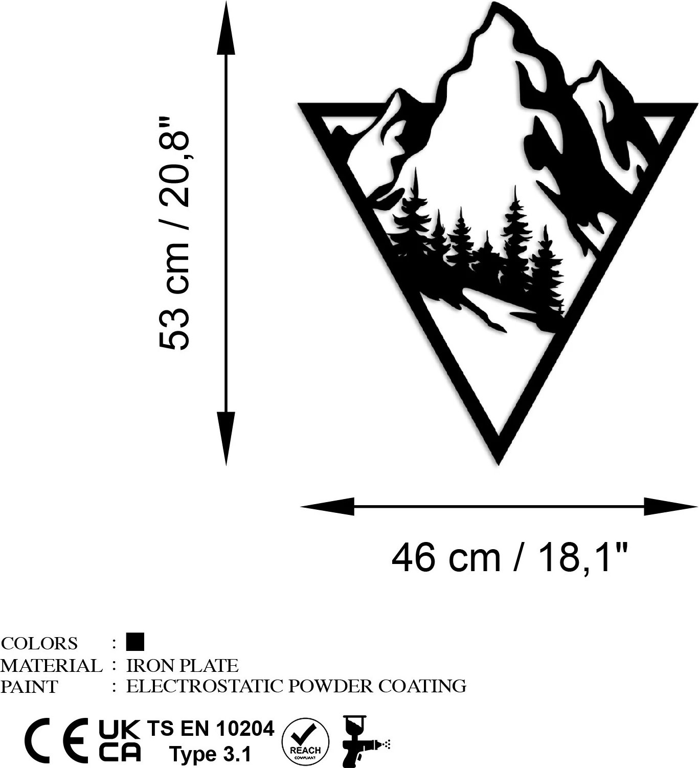 Aksesor dekorativ metalik për mur, Wallity, Montain 2, ngjyrë e zezë, 53x46cm