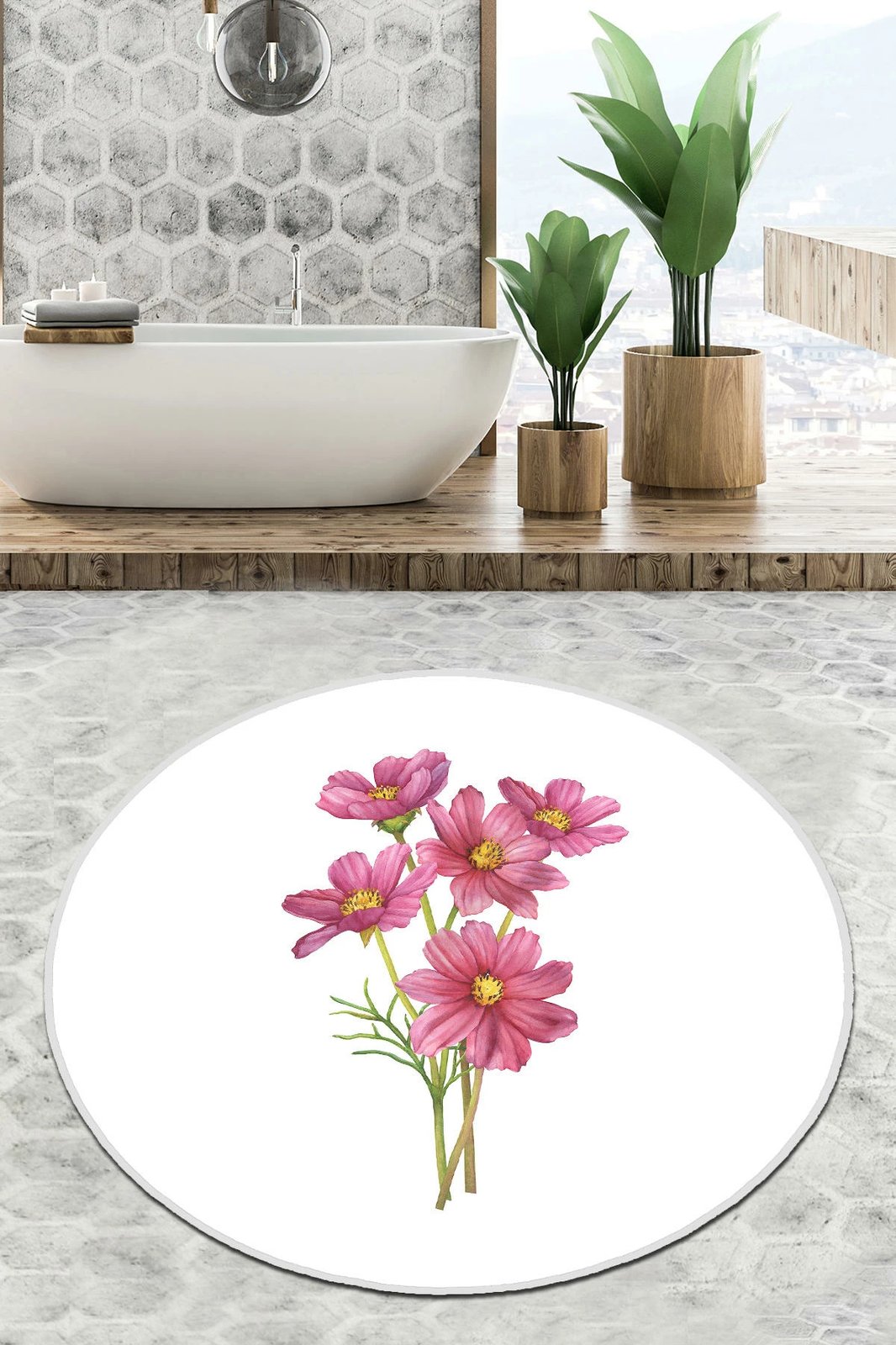 Tapet për banjo, i bardhë, lule rozë, Mijölnir Sitivo Djt, 80 cm