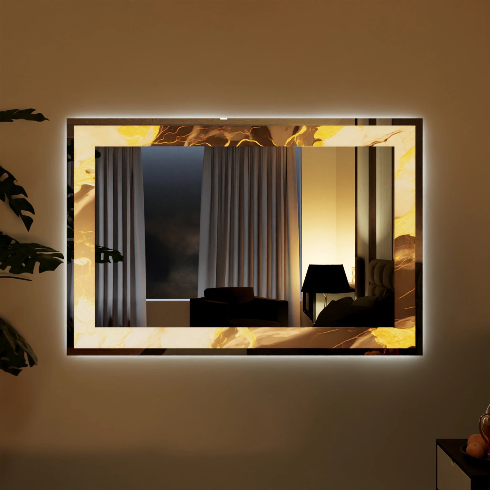 Pasqyre me led – Pasqyre me teksture mermeri gold dhe LED te ftohte