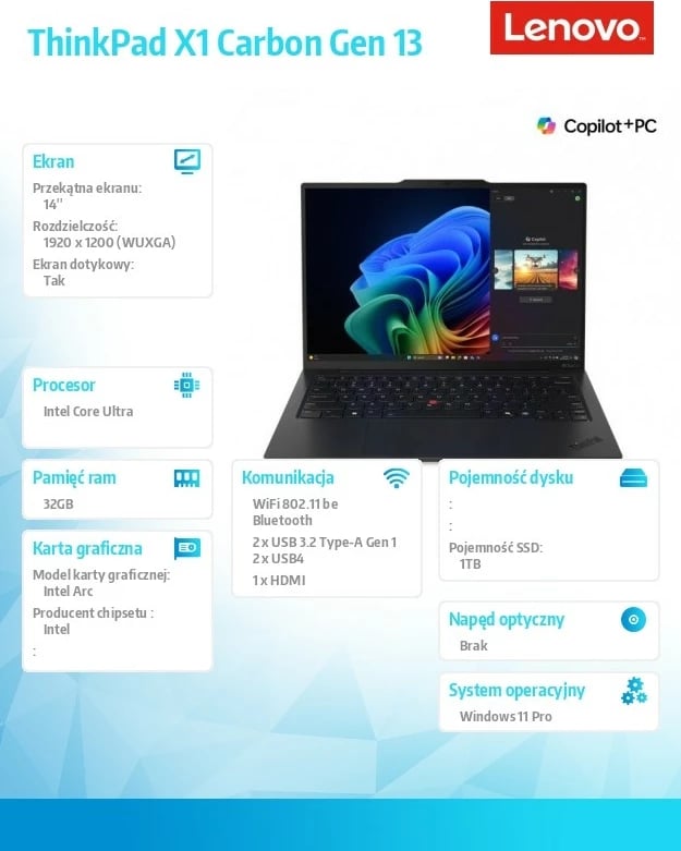 Ultrabook Lenovo ThinkPad X1 Carbon Gen 13, Intel Core Ultra 7 258V, 32GB RAM, 1TB SSD, 14" Touch, Zi