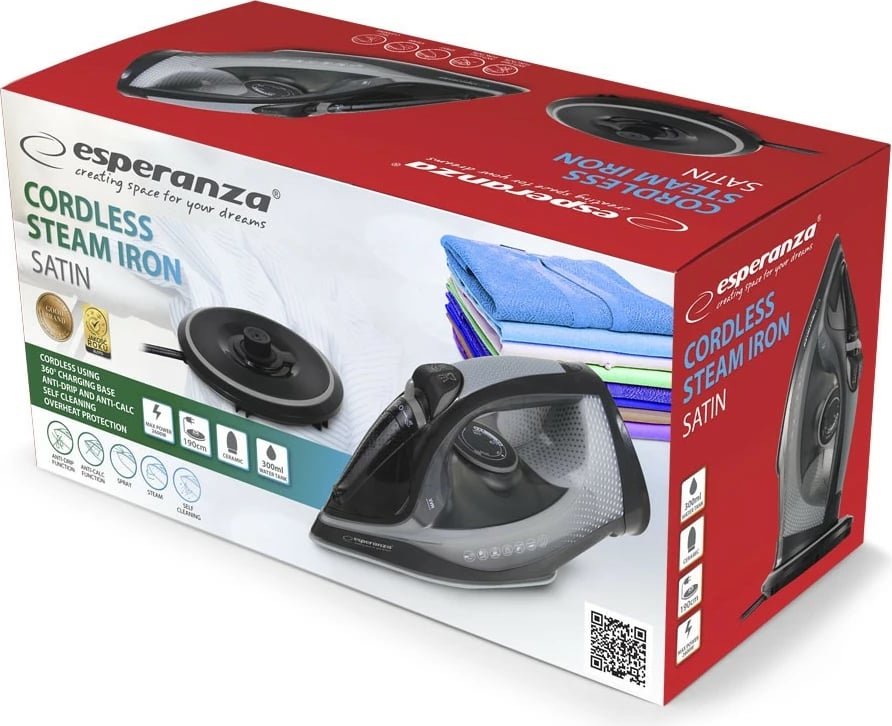 Hekur me avull wireless, Esperanza Satin, 2600 W, pllaka qeramike, depo uji 300 ml, zi/gri