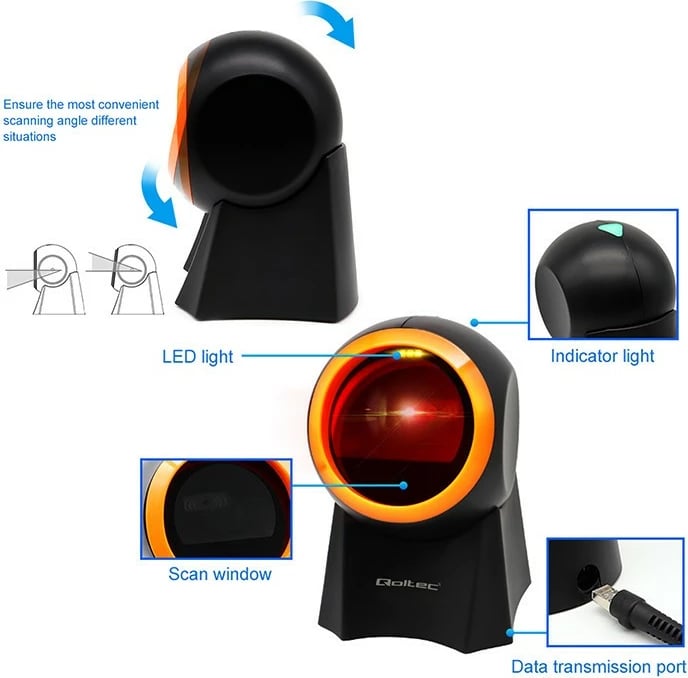 Skaner barkodësh desktop Qoltec 50857, 1D/2D, USB, zi/portokalli