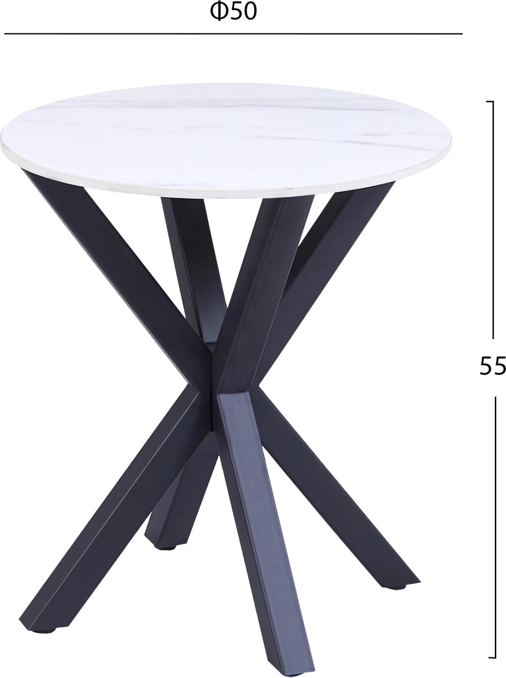 Tavolinë anësore e rrumbullakët, FH9473.06, sipërfaqe mermeri të bardhë dhe këmbë metalike të zeza, Φ50x55H cm