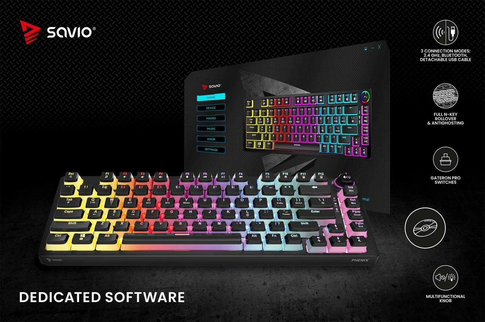 Tastierë mekanike wireless Savio PHENIX, Gateron Red Pro, Pudding, e zezë Tastierë mekanike wireless Savio PHENIX, Gateron Red Pro, Pudding, e zezë