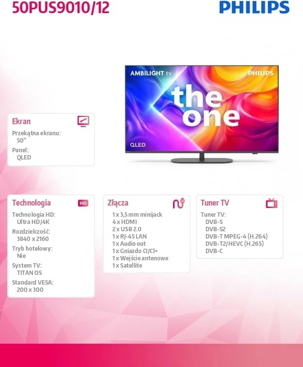 Televizor Philips QLED 50PUS9010/12, 50 inç, Ultra HD/4K, Ambilight, Smart TV, i zi