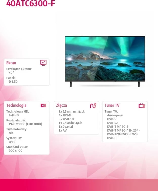 Televizor LED Allview 40ATC6300-F 40" Full HD, D-LED, DVB-T2/C/S2, HDMI x3, USB x2