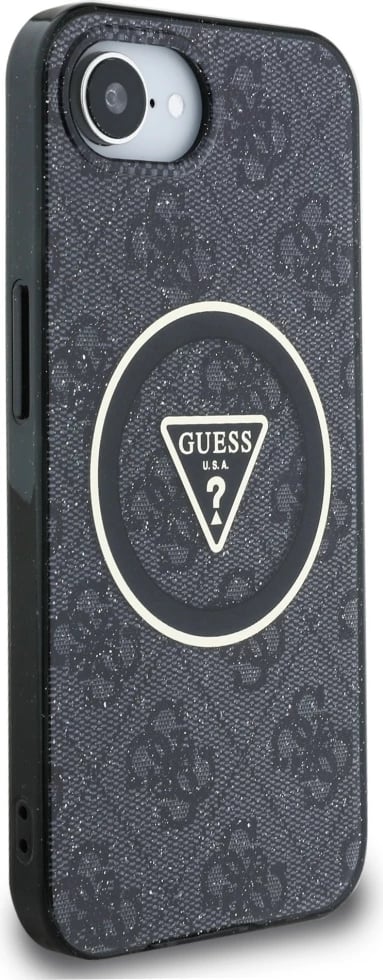 Mbështjellës Guess IML Metal Glitter 4G Circle Triangle MagSafe për iPhone 16e, i zi