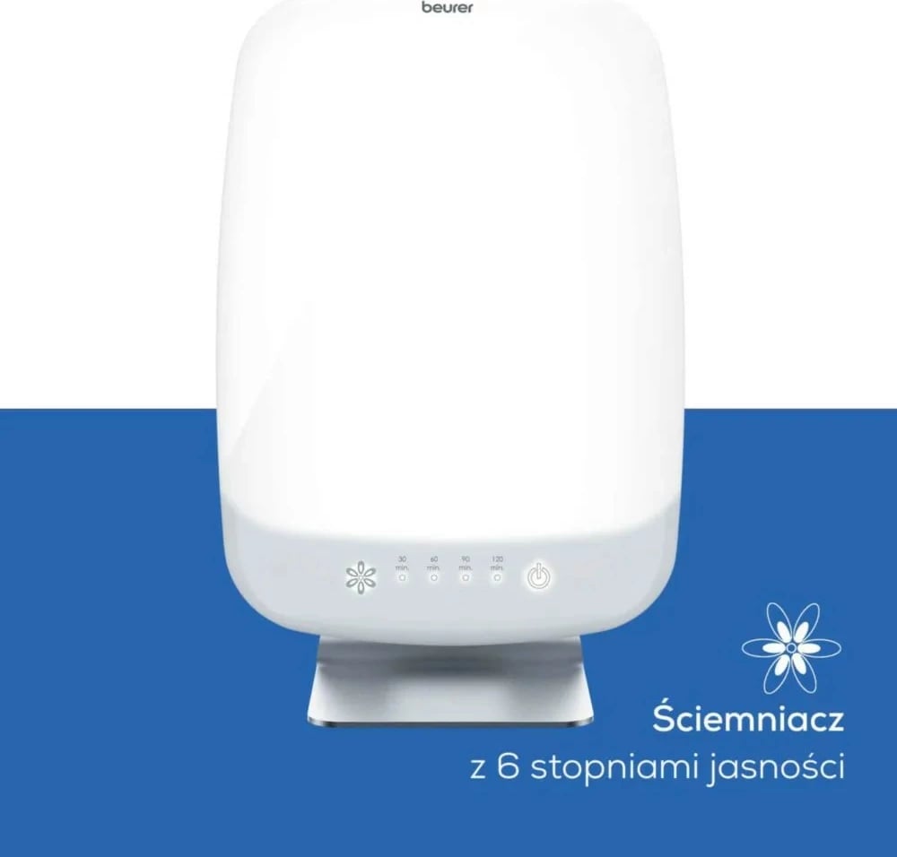 lampë dite, Beurer TL95, LED 10000 lux, sipërfaqe 30×37 cm, timer 30/60/90/120 min, e bardhë/argjendtë