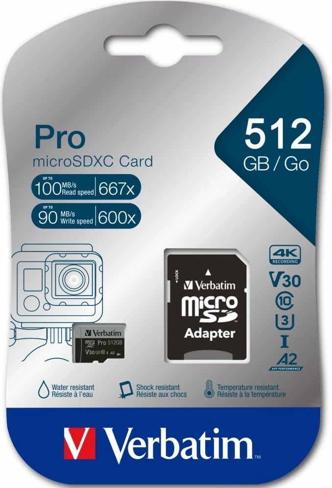 Kartelë Micro SDXC Verbatim Pro U3 512GB, e zezë