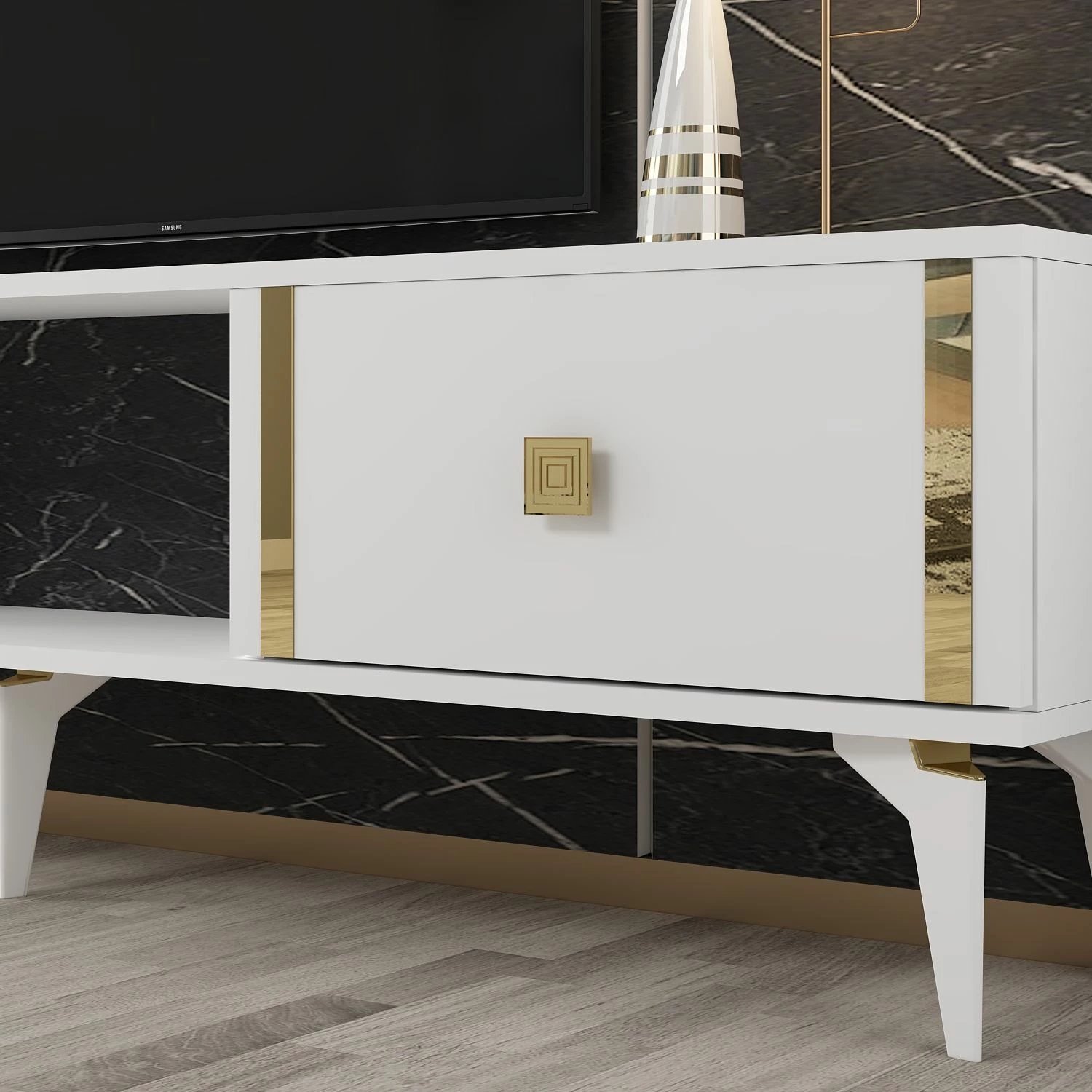 Komodë TV Skye Decor, e bardhë, e artë, Doruk