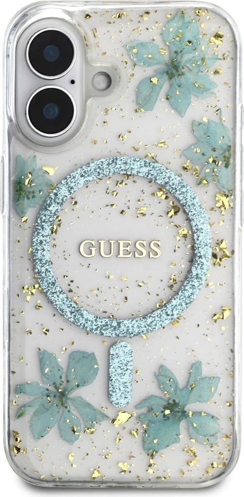Mbështjellës Guess Resin Flowers Glitter MagSafe për iPhone 16, Transparent, Gjelbër