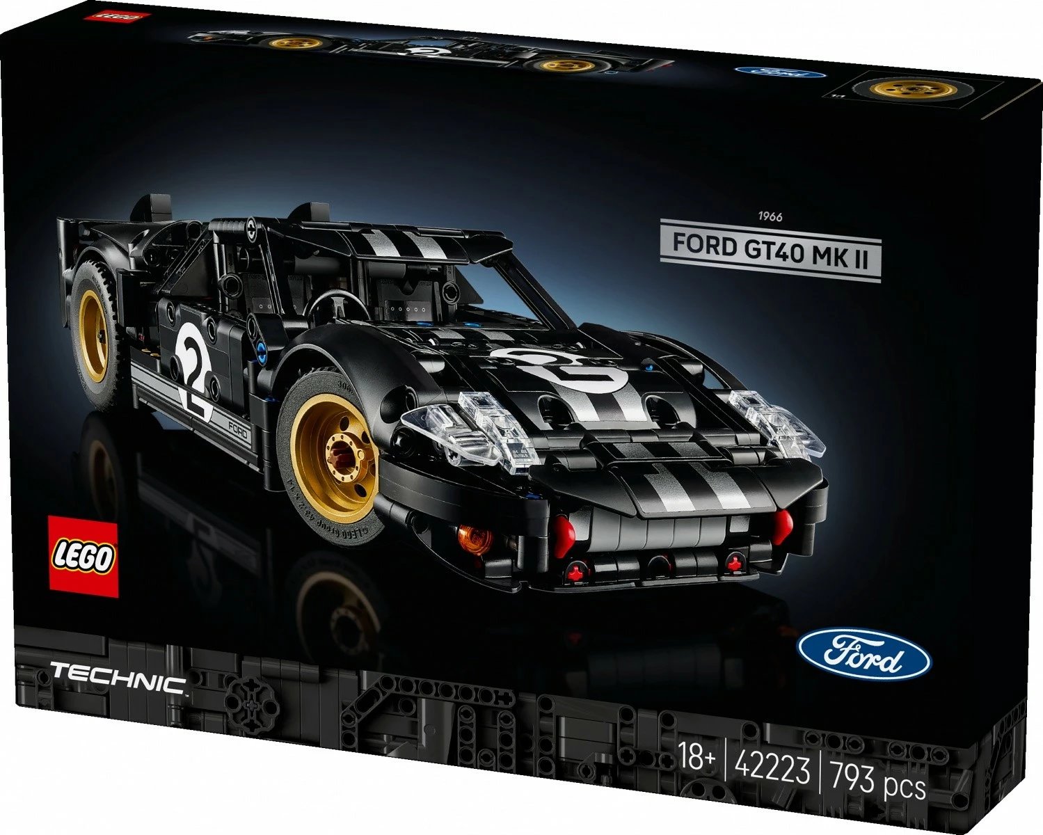 Set ndërtimi, LEGO Technic, 1966 Ford GT40 MK II 42223, 793 copë 18+, e zezë me shirita argjendi