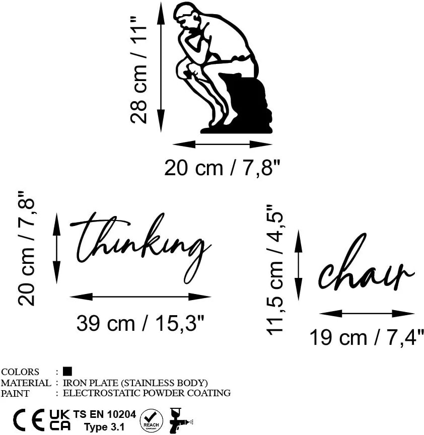 Aksesor dekorativ metalik për mur, Thinking Chair, ngjyrë e zezë, set prej 3 pjesësh