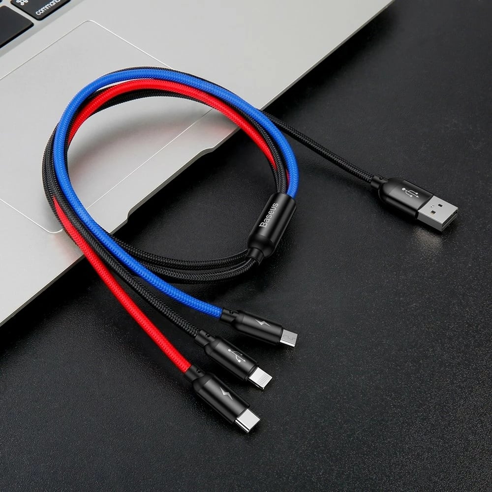 Kabllo 3-në-1 Baseus Three Primary Colors CAMLT-BSY01, 1.2m, USB-A në micro USB/Lightning/USB-C, e zezë/kuqe/kaltër Kabllo 3-në-1 Baseus Three Primary Colors CAMLT-BSY01, 1.2m, USB-A në micro USB/Lightning/USB-C, e zezë/kuqe/kaltër