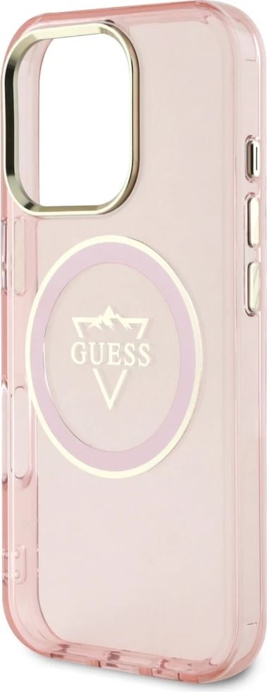 Mbështjellës Guess IML Metal Mountain Logo MagSafe për iPhone 16 Pro, Rozë