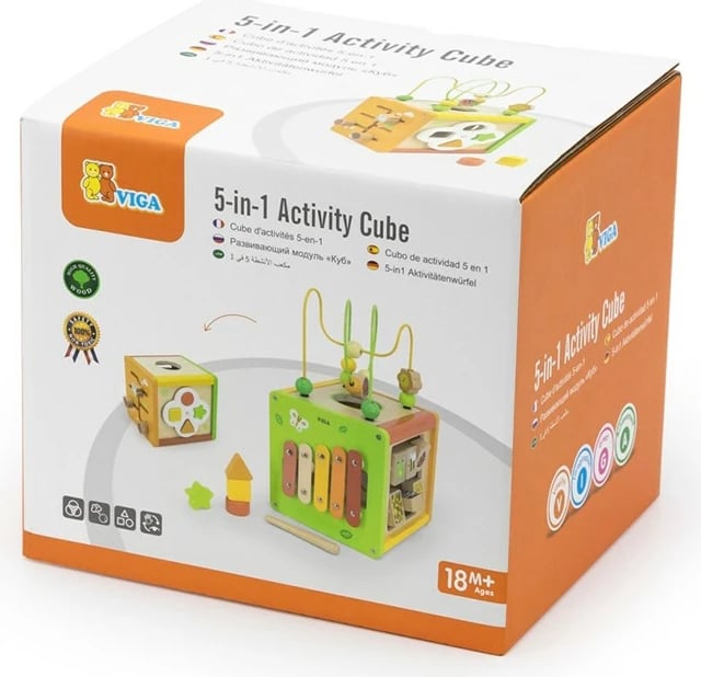 kub edukativ 5-në-1, Viga, dru, me ksilofon, sorter formash, labirint me rruaza dhe kube rrotulluese, multingjyrëshe