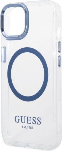 Mbështjellës Guess Metal Outline MagSafe për iPhone 14 Plus/15 Plus, Kaltër/Transparent