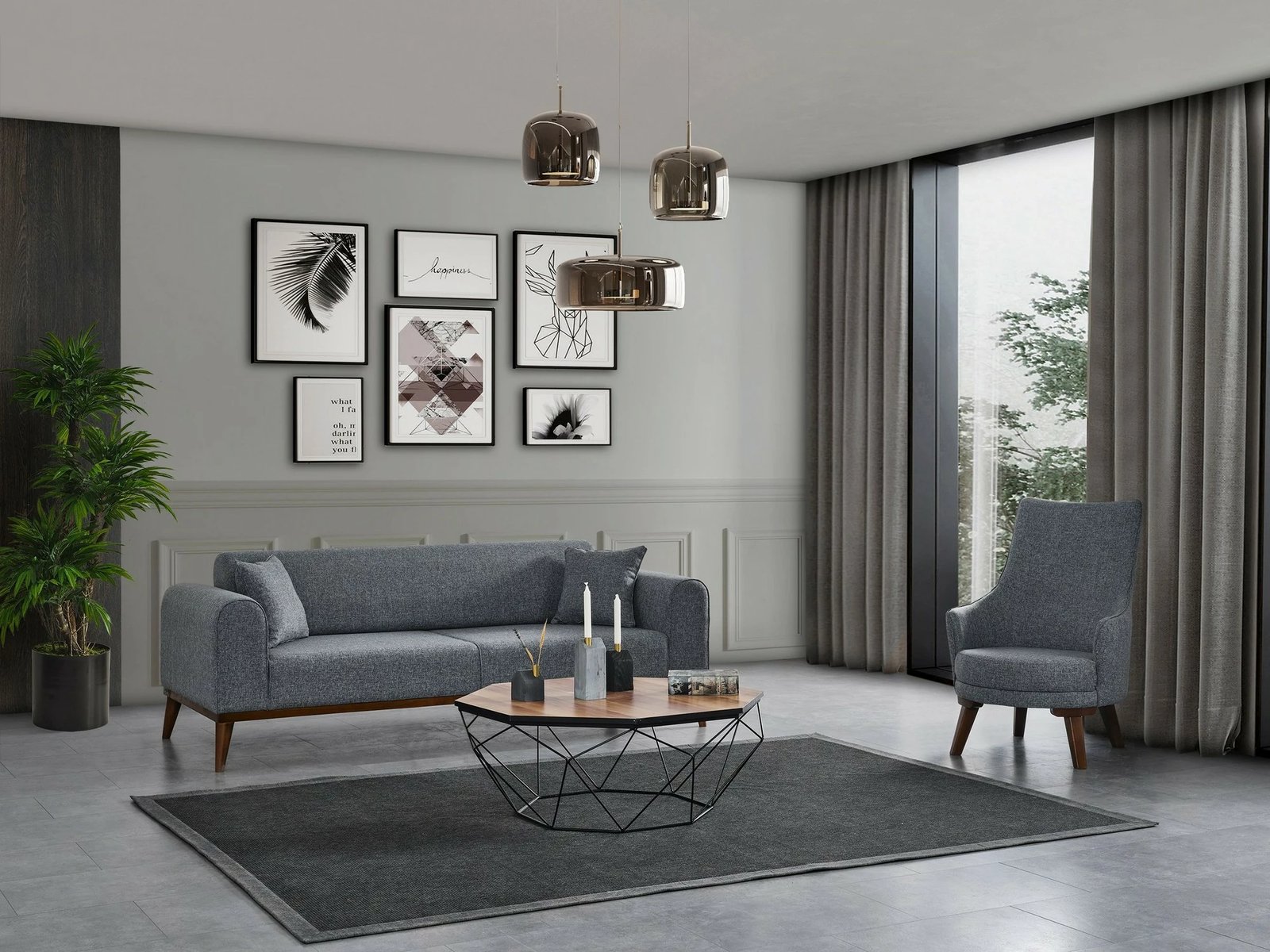 Karrige Wing Atelier del Sofa, Cofi, gri e çelët