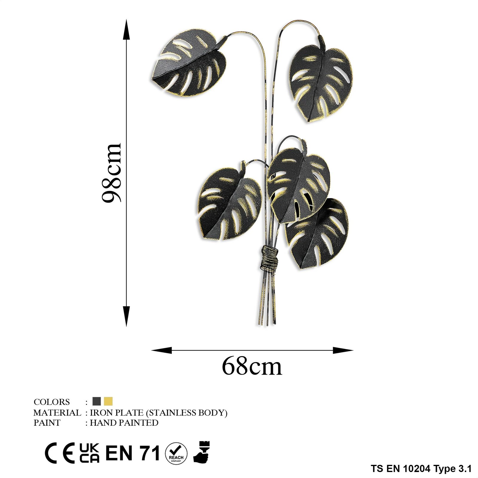 Aksesor dekorativ metalik për mur, Wallity, Monstera, ngjyrë ari