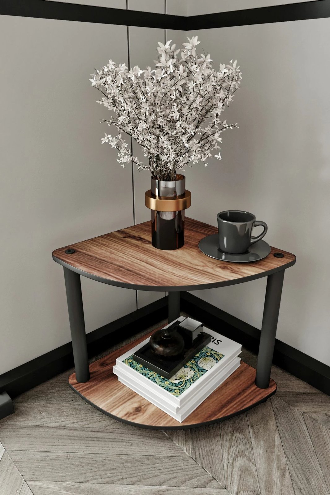 Tavolinë anësore këndore, dy kate, ngjyrë arre, Skye Decor