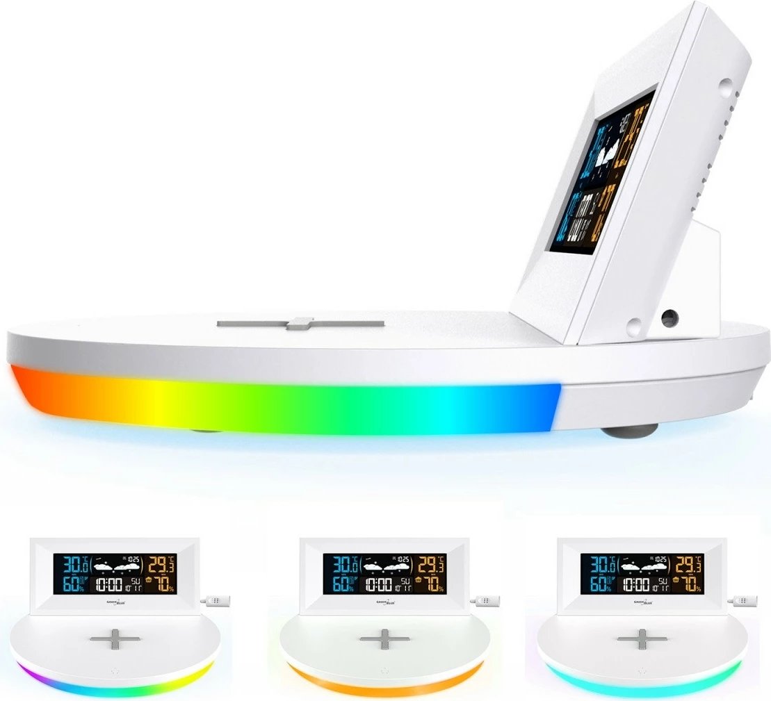 Stacion moti pa tela me karikues Qi, GreenBlue GB213, ekran LCD me ngjyra, sensor i jashtëm 60 m, portë USB, i bardhë