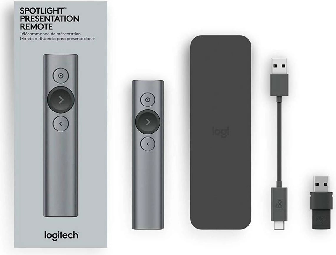 Telekomandë prezantimi Logitech Spotlight, Bluetooth/RF, USB, 30 m, Gri Telekomandë prezantimi Logitech Spotlight, Bluetooth/RF, USB, 30 m, Gri